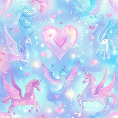Obraz premium Celestial Unicorns: A whimsical seamless pattern featuring pastel unicorns with wings, hearts, and stars on a dreamy light blue background. Perfect for fabrics, prints, and magical designs. 