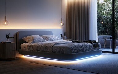 High-tech Scandinavian bedroom with a smart adjustable bed, wireless charging nightstands, and soft indirect lighting for a serene atmosphere