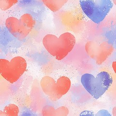 Pastel Hearts Pattern: A whimsical, seamless pattern featuring soft pastel hearts in shades of pink, orange, and purple, scattered on a light background with a subtle watercolor effect.