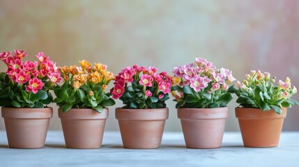 A close-up of vibrant flowers in various colors, blooming beautifully in pots, set against a soft, light background.