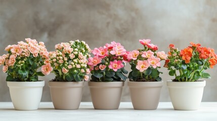 Naklejka premium A close-up of vibrant flowers in various colors, blooming beautifully in pots, set against a soft, light background.