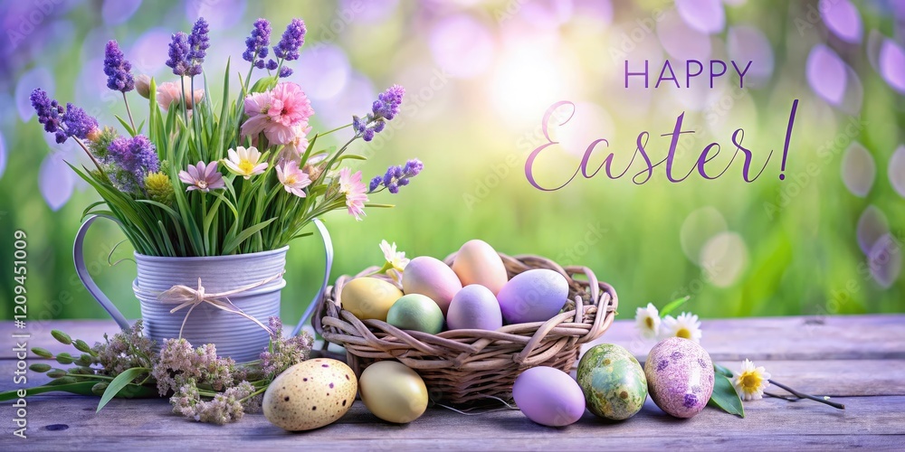 Poster beautiful colorful cheerful easter composition with colorful easter eggs in a basket and spring flow