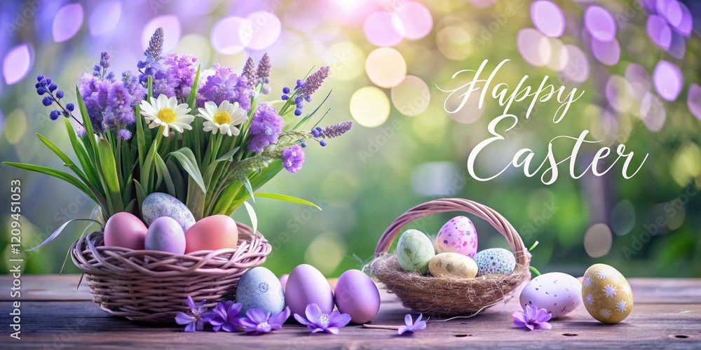 Poster beautiful colorful cheerful easter composition with colorful easter eggs in a basket and spring flow