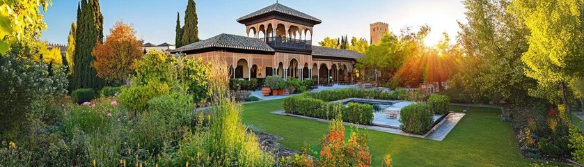 Obraz premium Garden pavilion sunset landscape; tranquil oasis; travel brochure