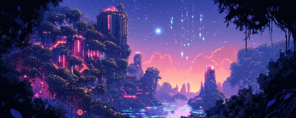 Obraz premium A majestic underwater city built of coral and bioluminescent creatures.