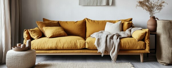 Scandinavian, farmhouse, boho, country interior design of modern living room. Contemporary space with mustard sofa, cozy pillows, soft blankets, and minimalist pottery on the coffee