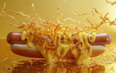 Cheesy hot dog in motion, melted cheddar stretching, crispy onions floating