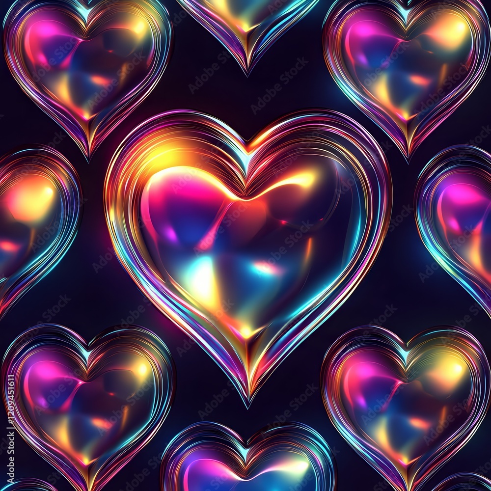Poster chromatic hearts: a captivating and vibrant pattern of iridescent hearts pulsate with color, creatin