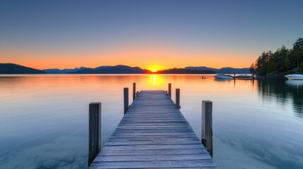 Fototapeta premium Serene sunrise over calm lake, wooden dock leading to sun, mountains in background; perfect for travel brochures