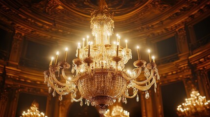 Obraz premium Elegant chandelier lighting up a classic ballroom, luxurious and ornate 