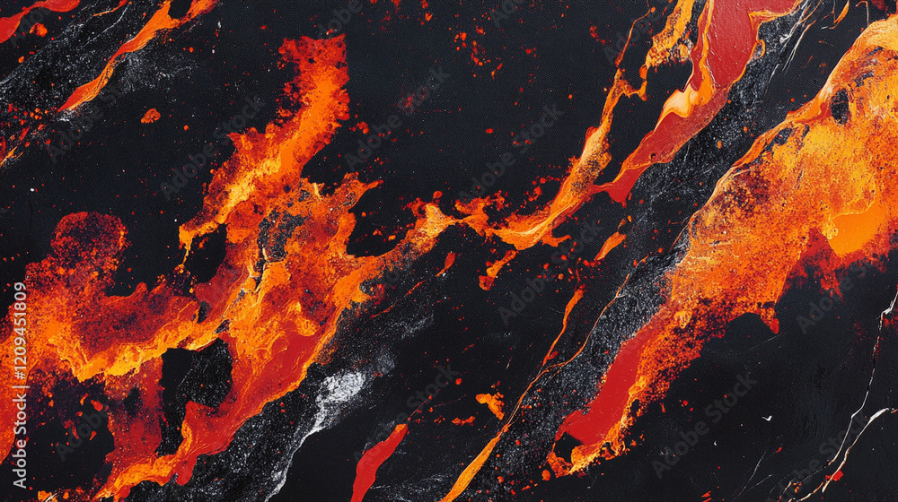 Poster lava texture displaying vibrant red and orange splashes against a dark black background in a geologi