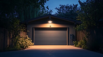 Nighttime view of a single garage door at number thirty eight