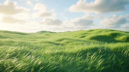 Fototapeta premium Vast green grass fields with soft clouds and blue sky during a sunny day.