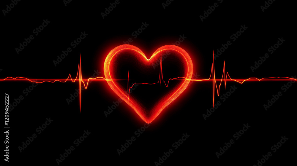 Poster electrocardiograph display showing heart activity and rhythm with vibrant red heart shape on black b