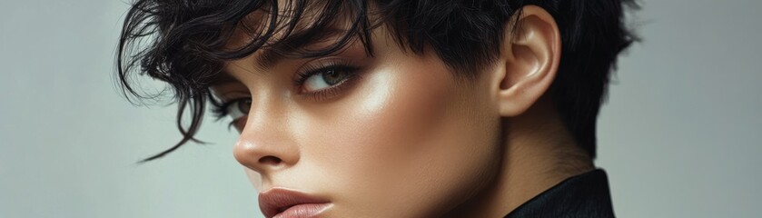A close-up portrait of a confident young woman with stylish hair.