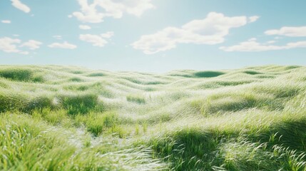 Naklejka premium Vast green grassland under a bright blue sky with fluffy white clouds.