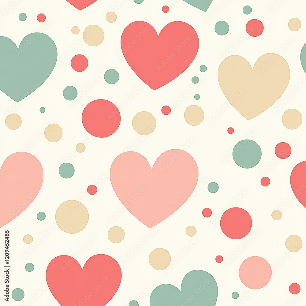 Poster hearts and dots pattern: a charming and playful pattern featuring colorful hearts and dots, perfect 