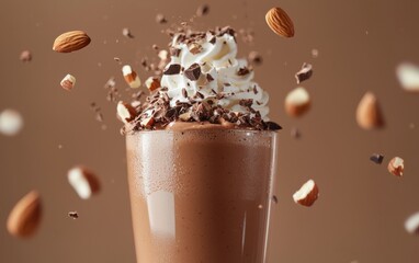 Chocolate smoothie splash with cacao nibs, whipped cream, and almonds in mid-air