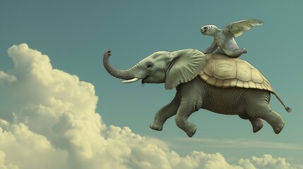Obraz premium Majestic Flying Elephant Carrying a Companion in the Sky. Fantasy Flight: Flying Elephant and Its Passenger. The Skybound Elephant: A Magical Ride. Unbelievable Flying Elephant with a Passenger
