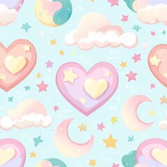 Pastel Dreamland: Seamless Pattern of Hearts, Moons, and Stars. A whimsical and enchanting pastel-colored seamless pattern featuring hearts, moons, and stars, perfect for baby clothes.