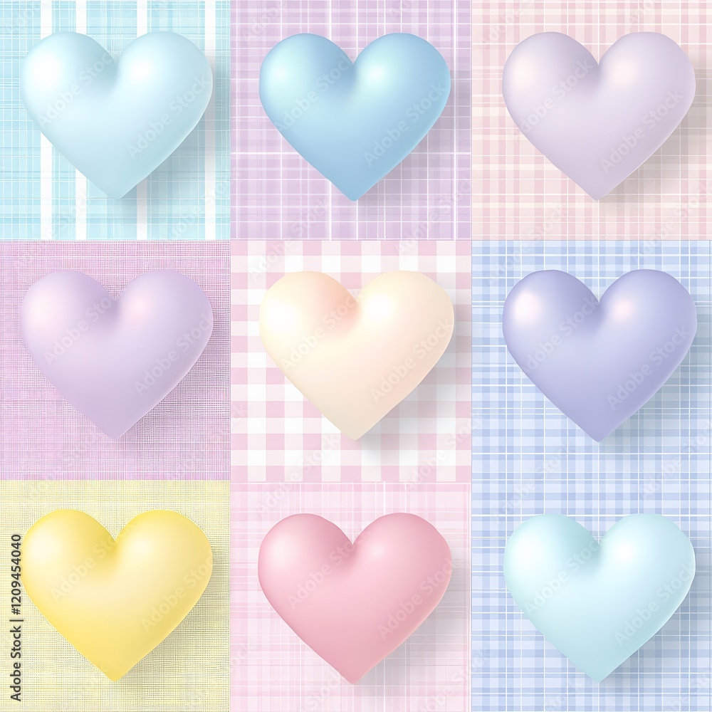 Poster pastel hearts pattern: a whimsical and charming pattern of pastel-colored hearts on a checkered back