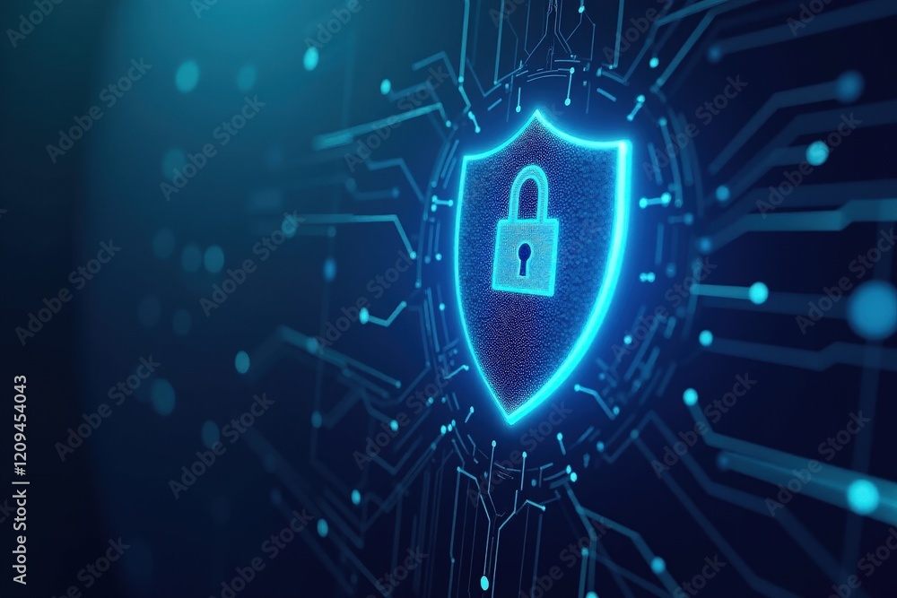 Poster digital security shield: a futuristic lock symbol representing cyber protection and data safety in a