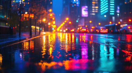 Fototapeta premium Vibrant city scene at night with neon lights reflecting on wet pavement.