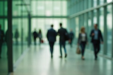 Modern Business Corridor: A Blur of Professionals Walking in an Urban Office Environment with Glass Walls and Bright Lighting