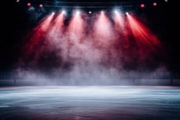 ice hockey arena, with spotlights shining down from the top and two lights in front on a black background in a red color theme, with smoke.