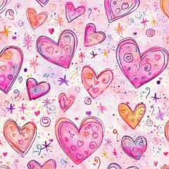 Whimsical Watercolor Hearts: A delightful pattern of hand-drawn hearts in vibrant pink, purple, and orange hues, adorned with sparkling stars and swirls, creating a playful and romantic ambiance.