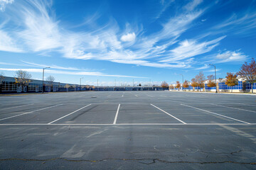 Empty parking lot under a vibrant blue sky with wispy clouds, surrounded by trees in autumn colors.