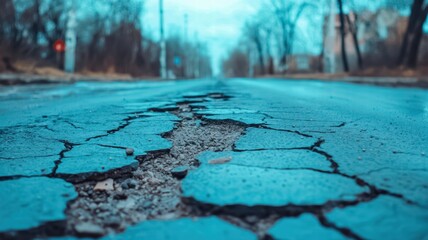 A cracked road stretches into the distance, surrounded by trees under a moody blue sky, evoking a sense of neglect and decay.