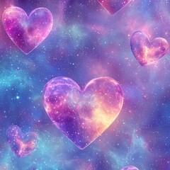 Obraz premium Cosmic Hearts: A mesmerizing array of iridescent hearts, each filled with a vibrant nebula, floats against a backdrop of twinkling stars and cosmic dust. Perfect for Valentine's Day.