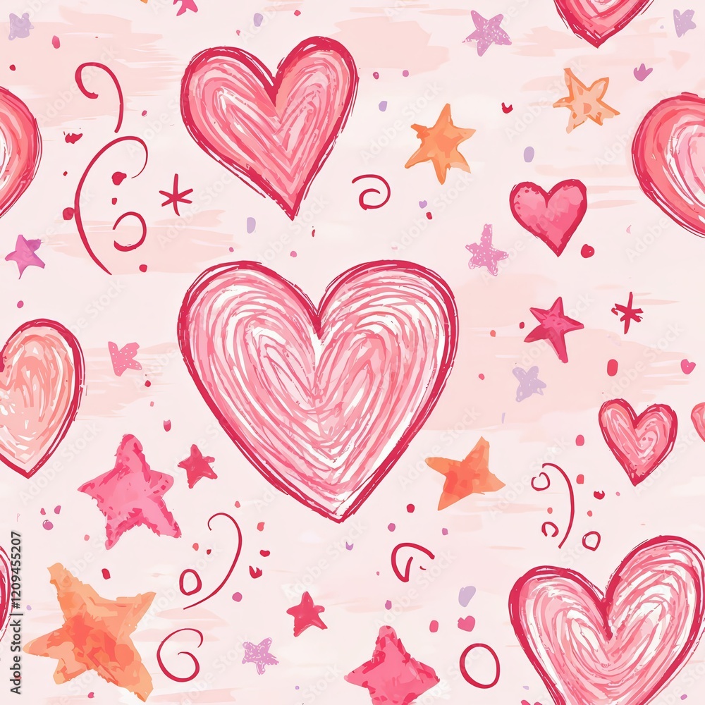 Poster pink hearts and stars pattern: a cheerful and vibrant seamless pattern featuring a playful array of 