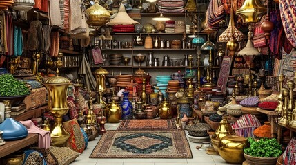 Naklejka premium Arabian Market Gold, Spices, Carpets. Shopping, Souvenirs, Bazaar Interior