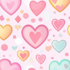 Pastel Hearts Pattern: A cheerful and playful seamless pattern featuring pastel-colored hearts of different sizes and shades, scattered on a soft pink background.