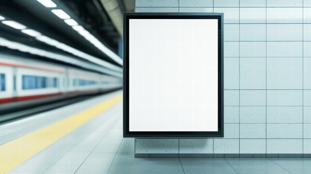 A blank advertising billboard in a subway station, surrounded by tiled walls and a train platform, creates an urban and minimalist atmosphere.