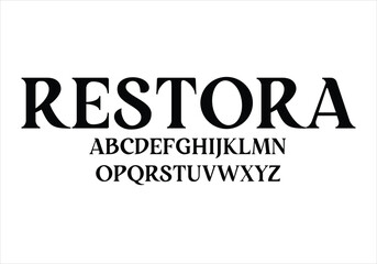 Restora font for logo and headline. Isolated vector typeset