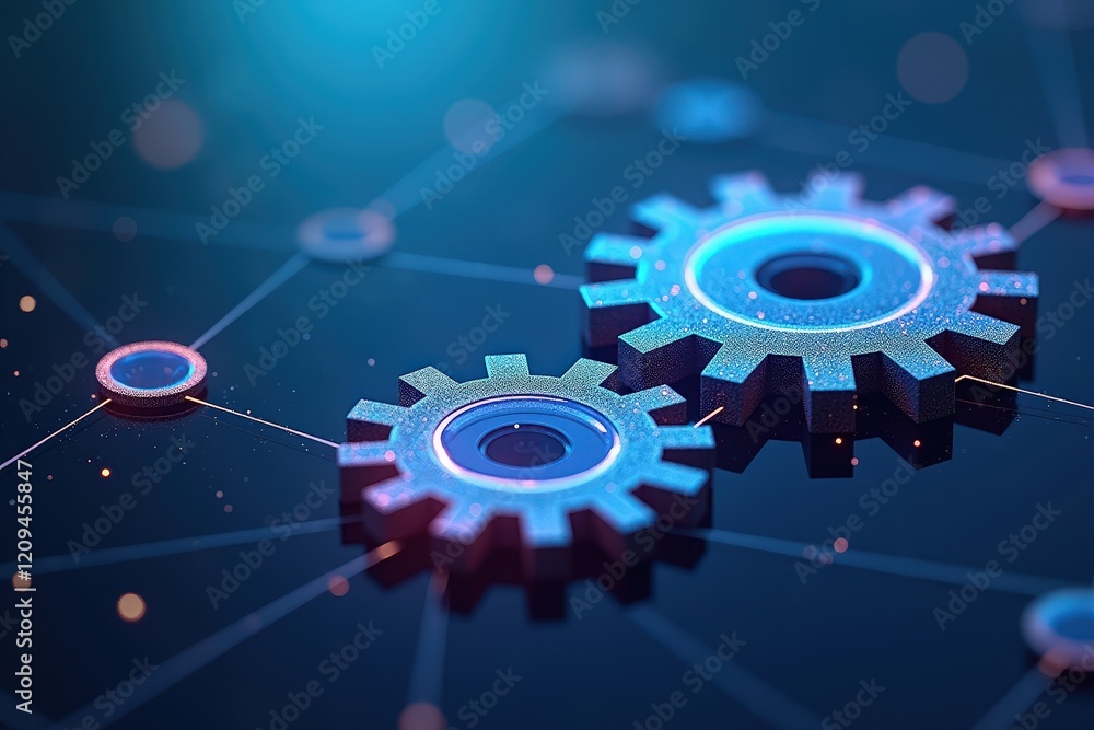 Poster futuristic technology gears with glowing effects in a digital network environment
