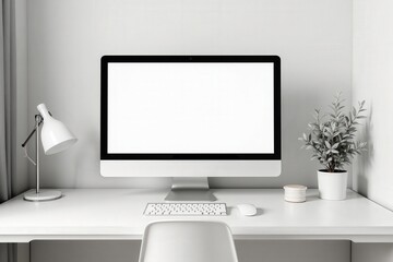 Fototapeta premium Minimalist Home Office Setup with Computer, Plant, and Desk Lamp for Productive Work Environment and Aesthetic Inspiration