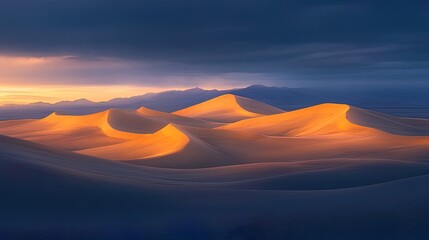 Vast golden desert with sand dunes at sunset, quiet and mysterious 