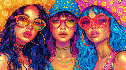 Obraz premium Group gang of 3 multi ethnic lucky girls in sparkly pop art bright colour outfit. Creative lucky girls in glasses concept. Close up.