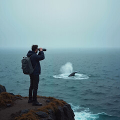Obraz premium Person on cliff using binoculars to watch whale in the ocean, overcast sky