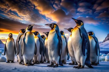 Obraz premium Majestic emperor penguins at night, their colony illuminated in the Antarctic's dim light.