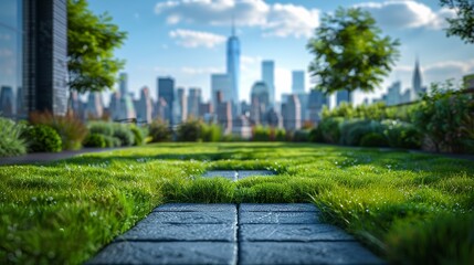 Eco-friendly Neighborhood Development. Afternoon ground-level view highlighting a sustainable style with grass pavement and earthy tones.