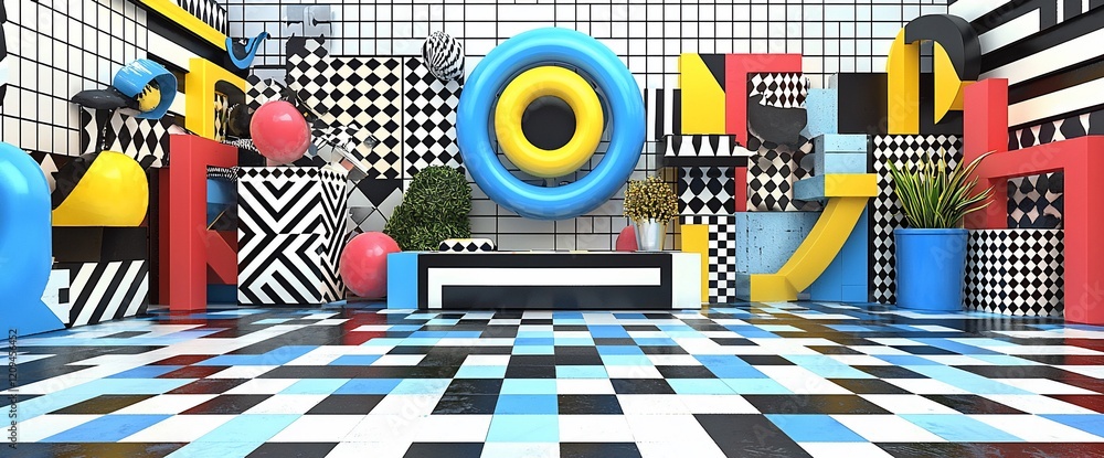 Poster colorful geometric shapes and patterns backdrop.