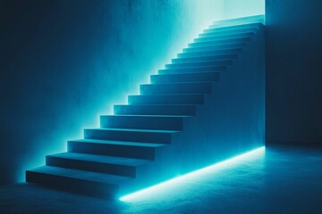 Glowing blue steps lead to illuminated doorway.