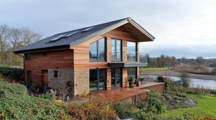 A modern riverside house built with eco-friendly materials and energy-efficient features.