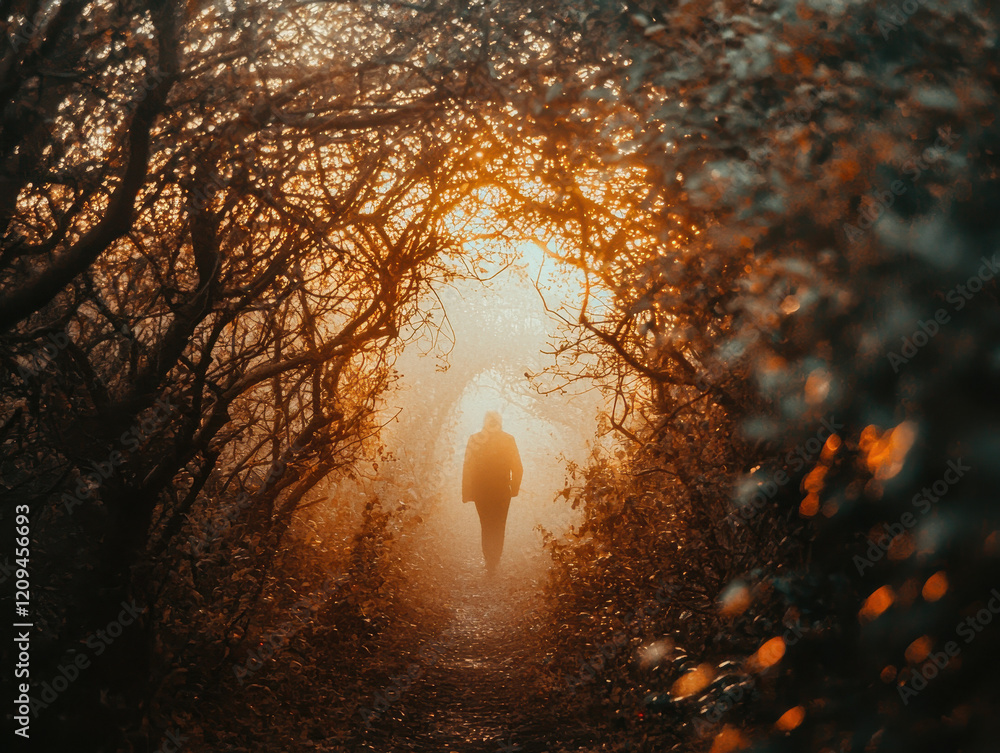 Poster walking through a forest of twisted branches while sunlight filters through, representing the journe