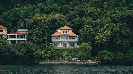 Obraz premium A peaceful riverside house surrounded by lush greenery, nestled by the calm waters.